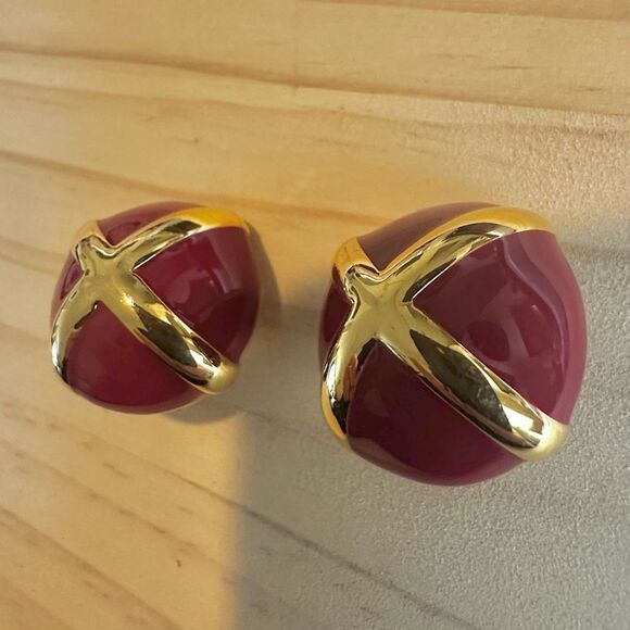 St. John Red Enamel & Gold-Tone "X" Clip-On Statement Earrings - Picture 2 of 11